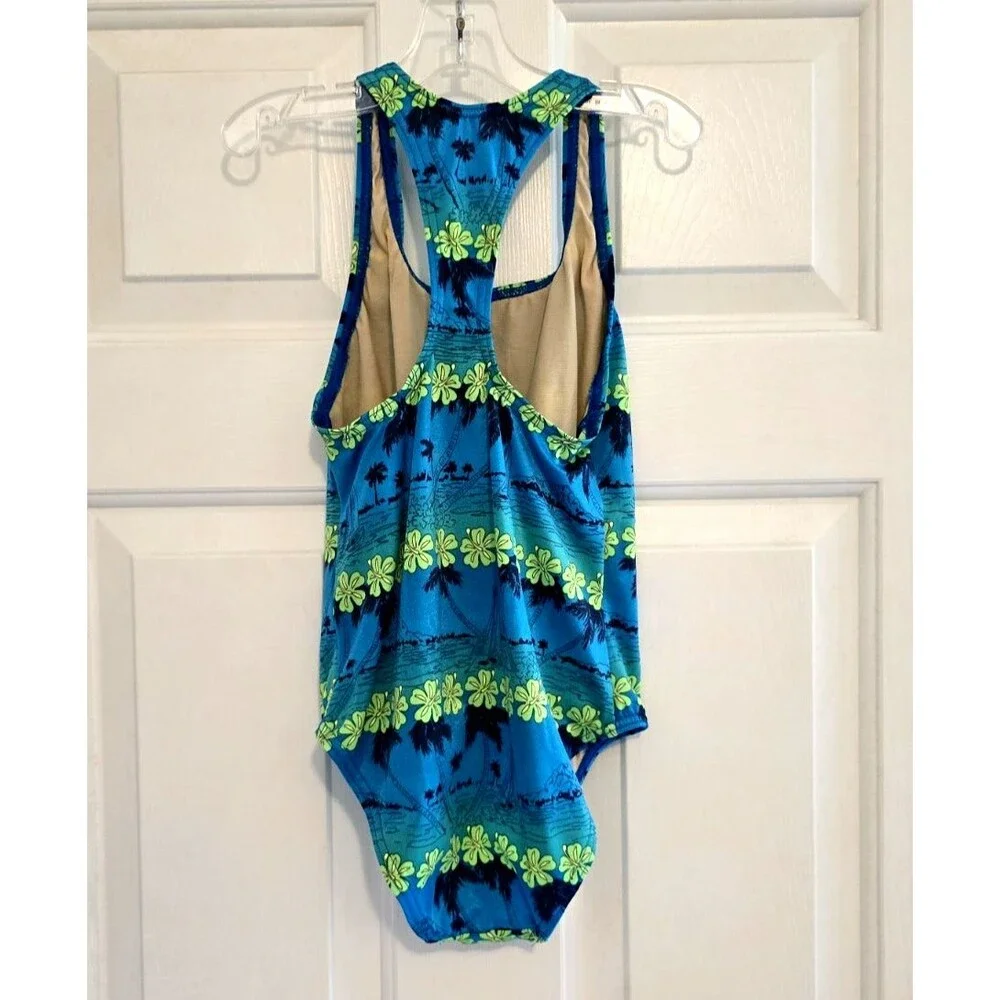 Speedo 1 Piece Swimsuit Girls 12 Floral Blue Green Racerback Athletic VTG Sporty